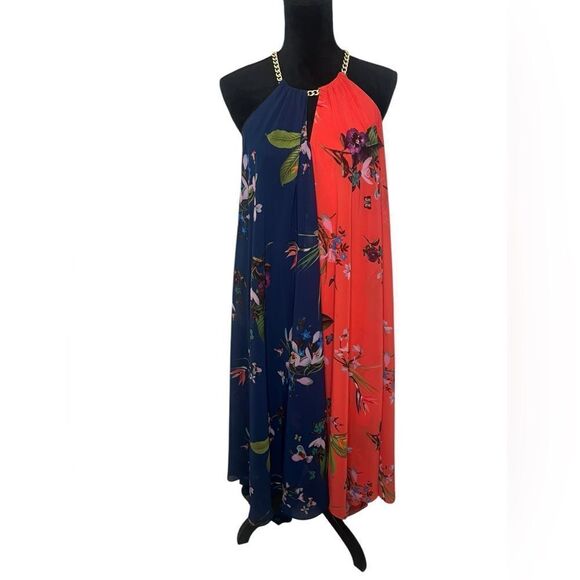 TED BAKER FLORAL HATLER TOP GOLD CHAIN TROPICAL BRIGHT HIGH LOW DRESS SIZE 3 - Picture 2 of 11